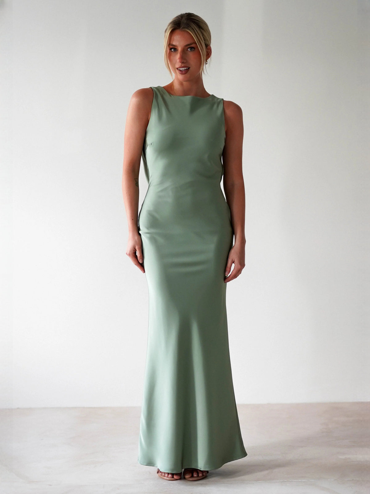 Olive sheath maxi formal dress with sheath, alternate full-length view showing the skirt