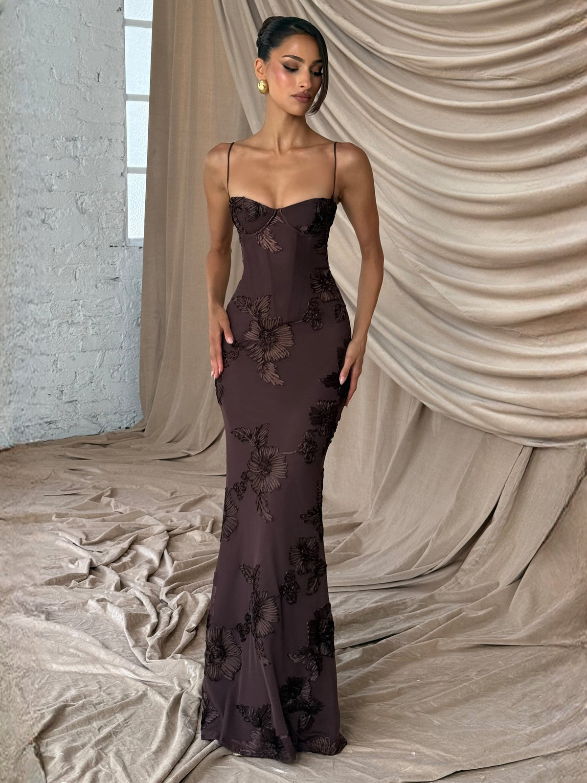 Brown mermaid maxi formal dress with embroidery, alternate full-length view