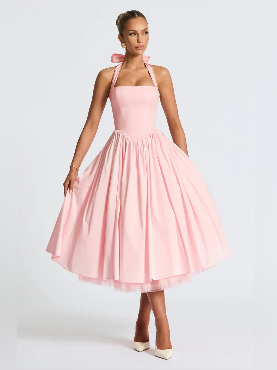 Blush pink halter A-line midi formal dress with square neckline and full pleated skirt