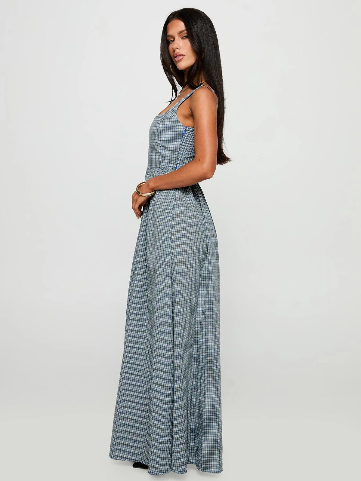 Navy a-line maxi formal dress with printed pattern, alternate full-length view showing the skirt