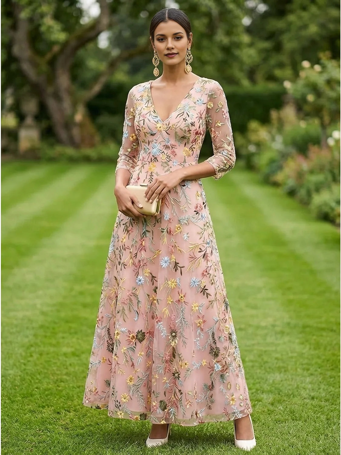 Pink embroidered floral V-neck A-line tulle dress with 3/4 sleeves