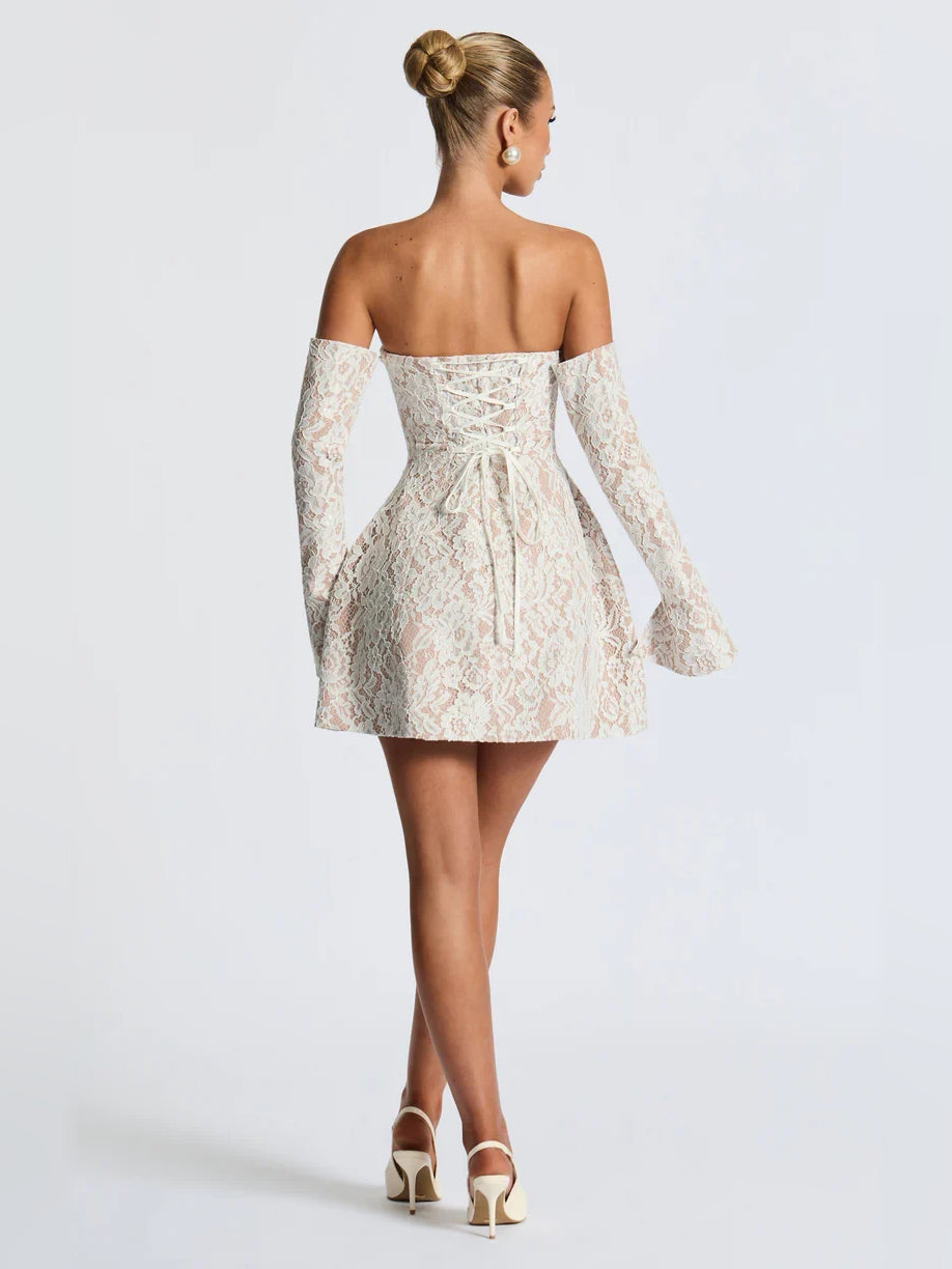Ivory floral lace strapless A-line mini dress, back view with long sleeves