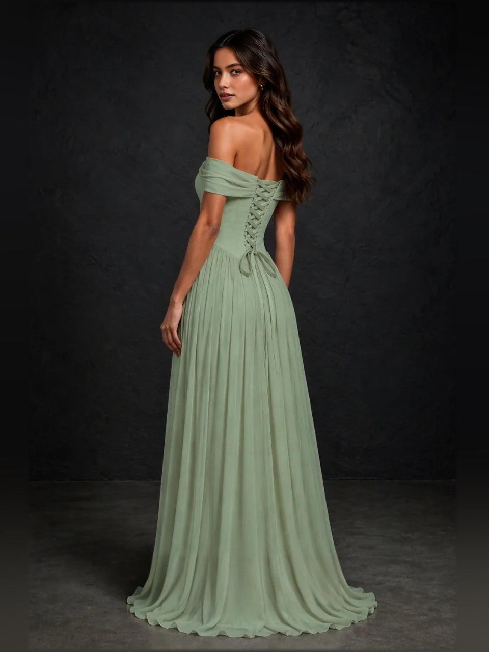 Sage green off-shoulder corset bodice with ruching, A-line maxi bridesmaid dress
