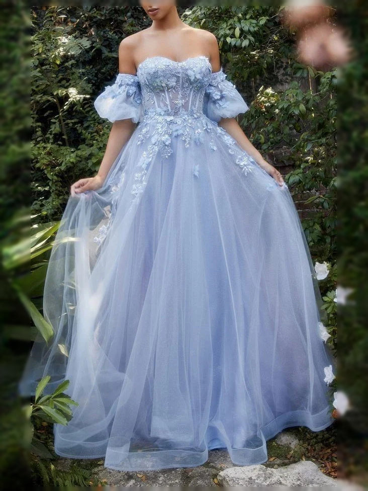 Floral sweetheart A-line maxi tulle prom dress in light blue, off-shoulder puff sleeves