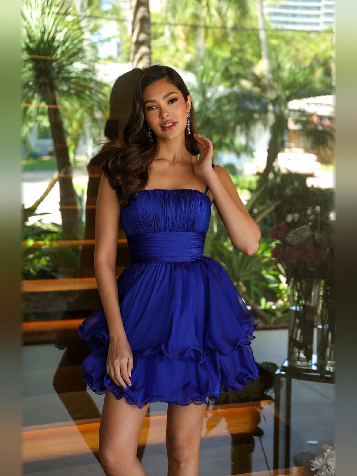 Dark blue mini homecoming dress with square neckline, ruched bodice, layered ruffle skirt