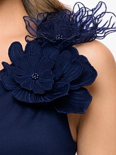 Dark navy one-shoulder A-line dress with floral appliqué at the neckline