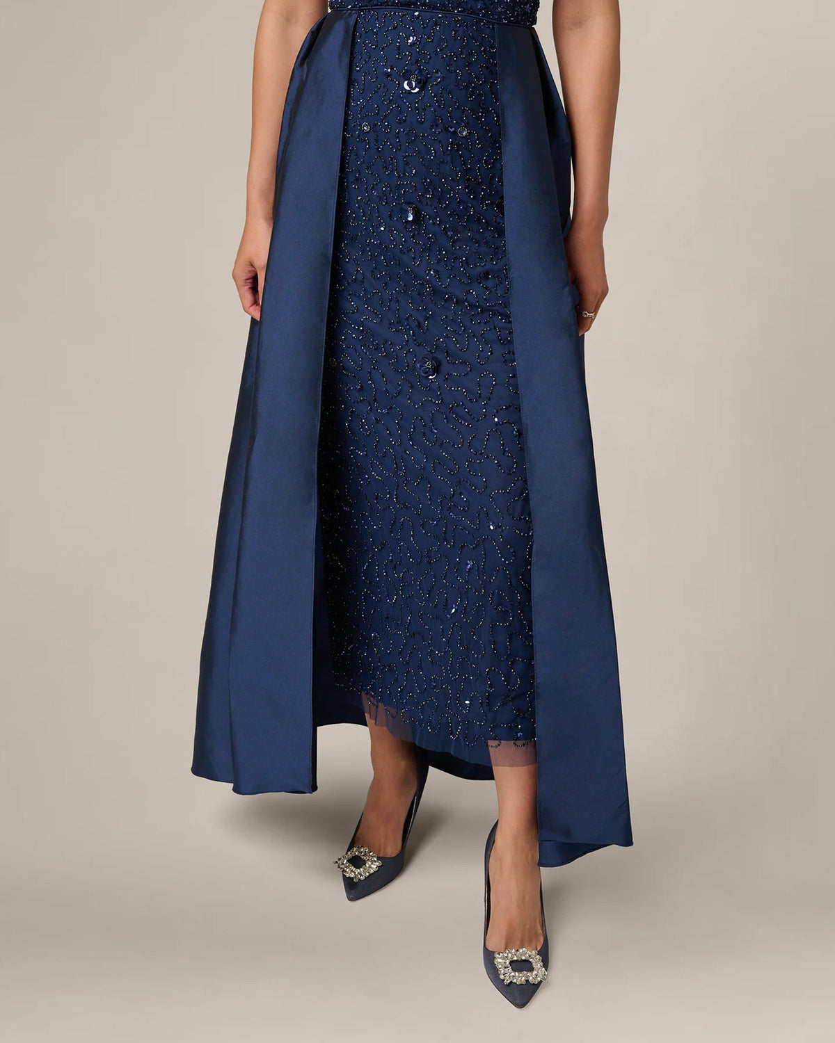 Light navy maxi skirt overlay with glittery sequin panel and flowing A-line drape