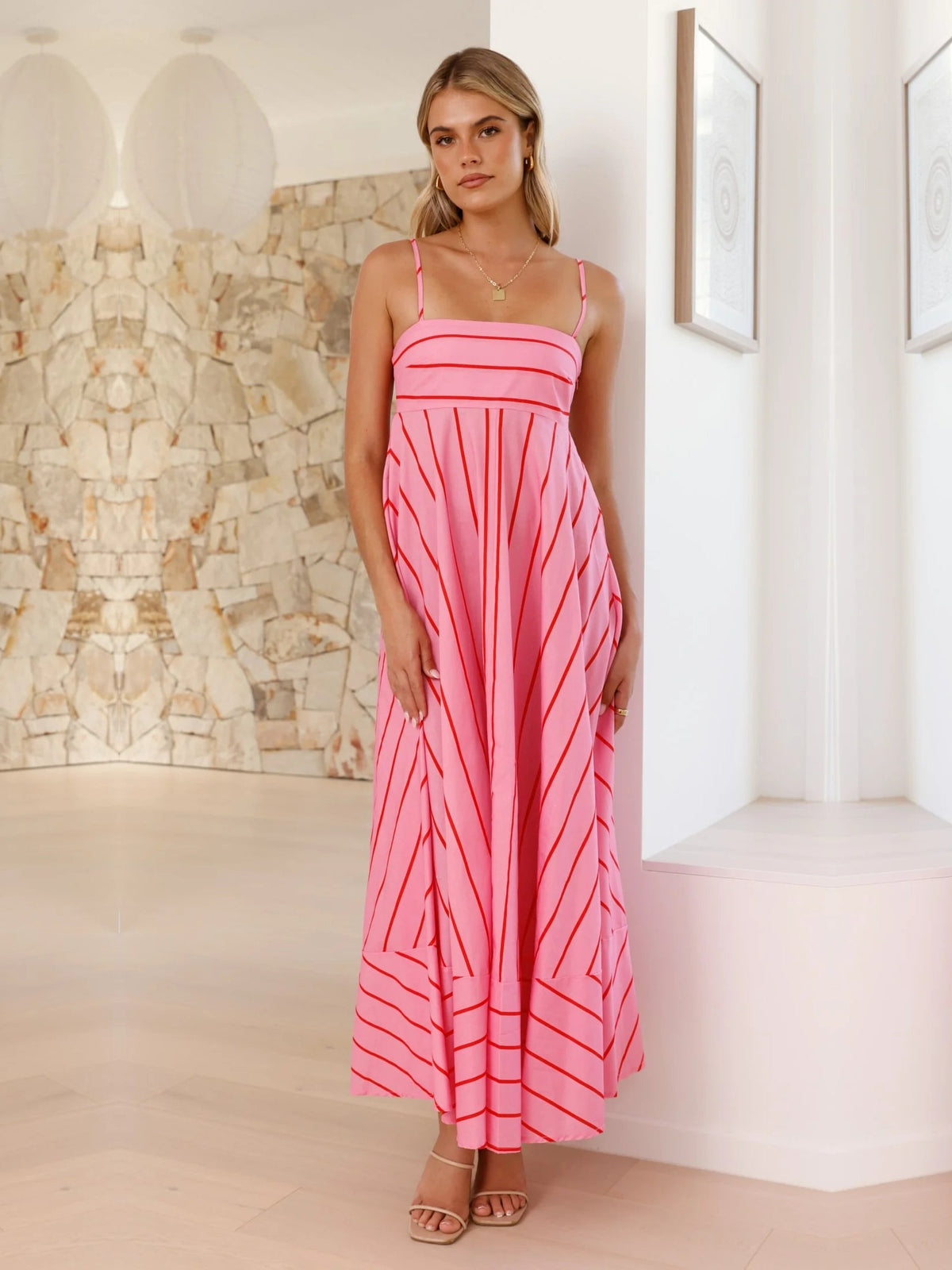 Pink a-line maxi formal dress with printed pattern, alternate view showing the skirt