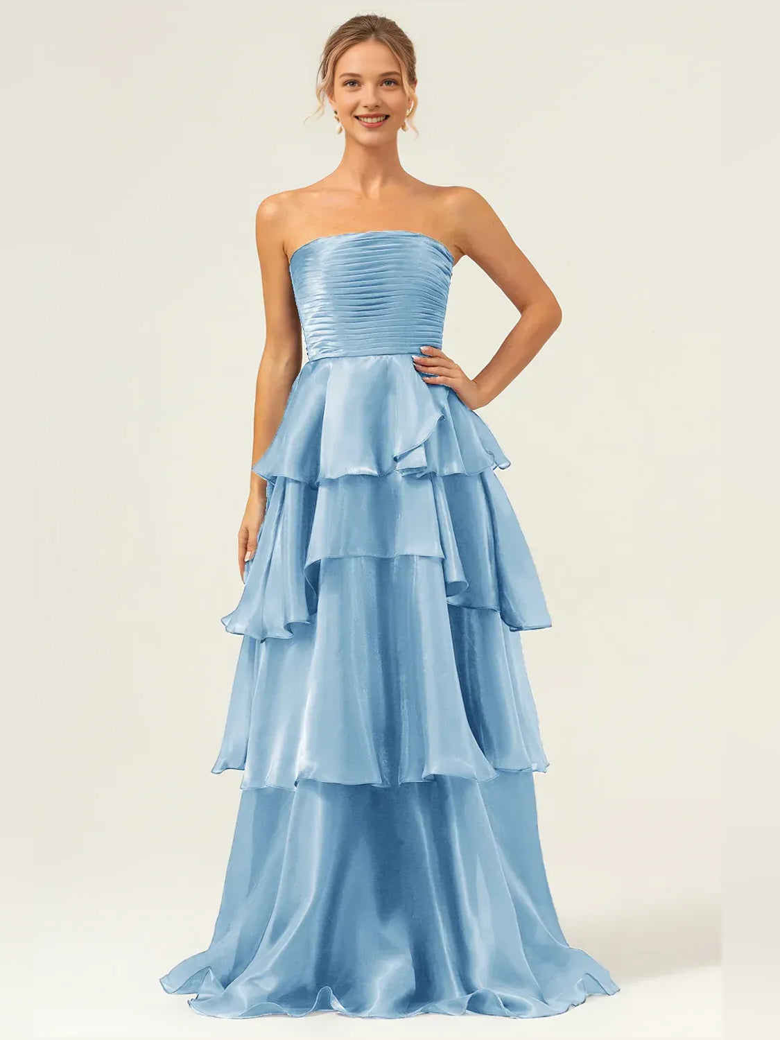 Light blue strapless tiered prom dress with ruched bodice and layered ruffle skirt, floor length