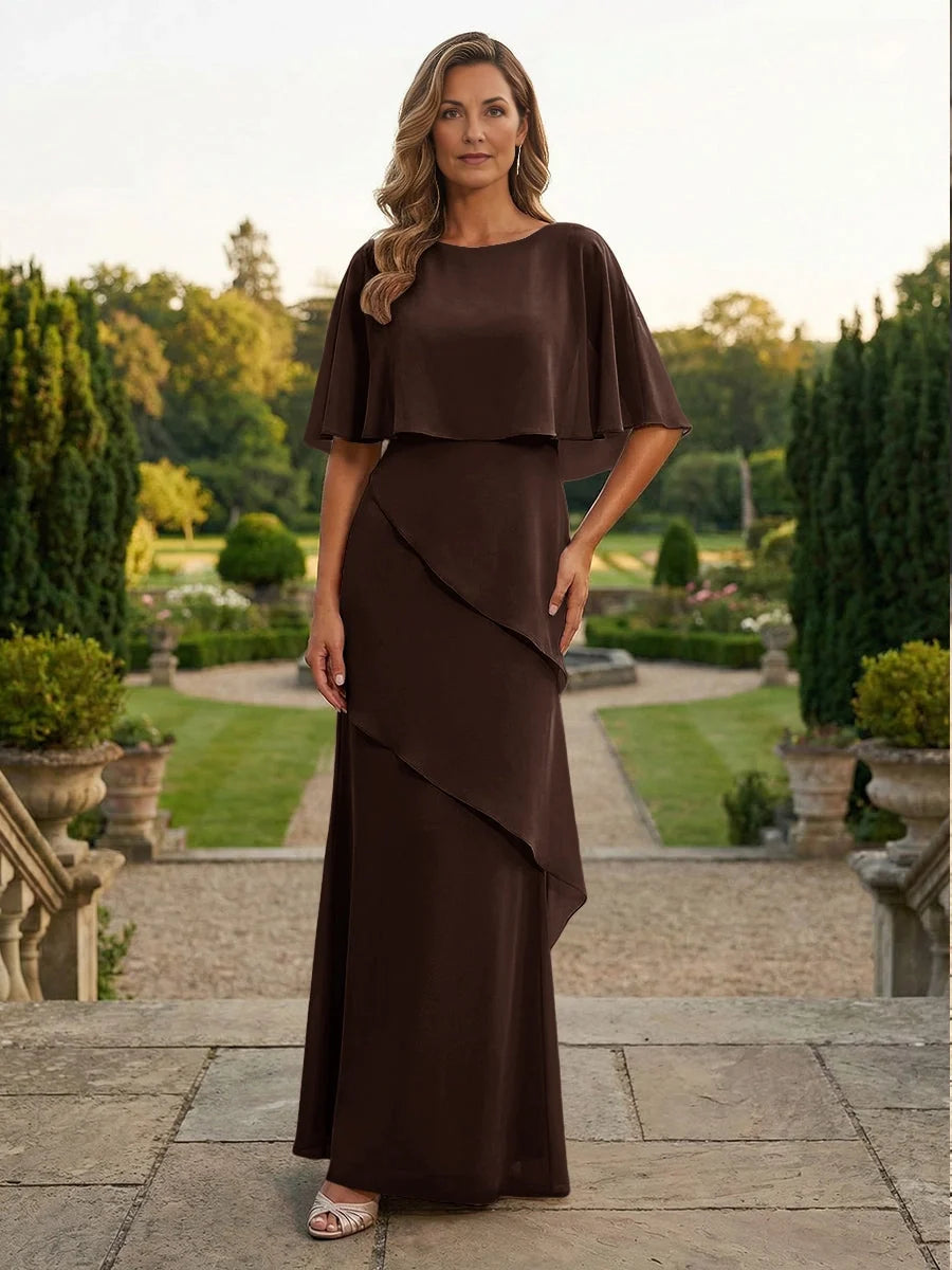 Chocolate brown chiffon sheath dress with boat neck, layered drape, flutter sleeves, long length