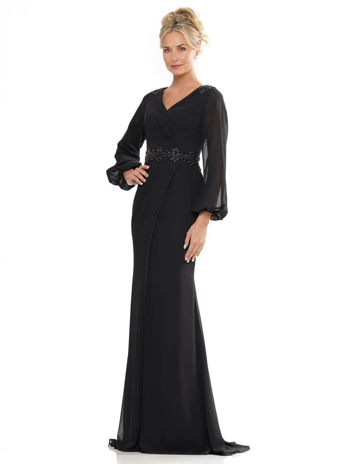 Black V-neck chiffon mother-of-the-bride dress with long sheer sleeves and beaded waist