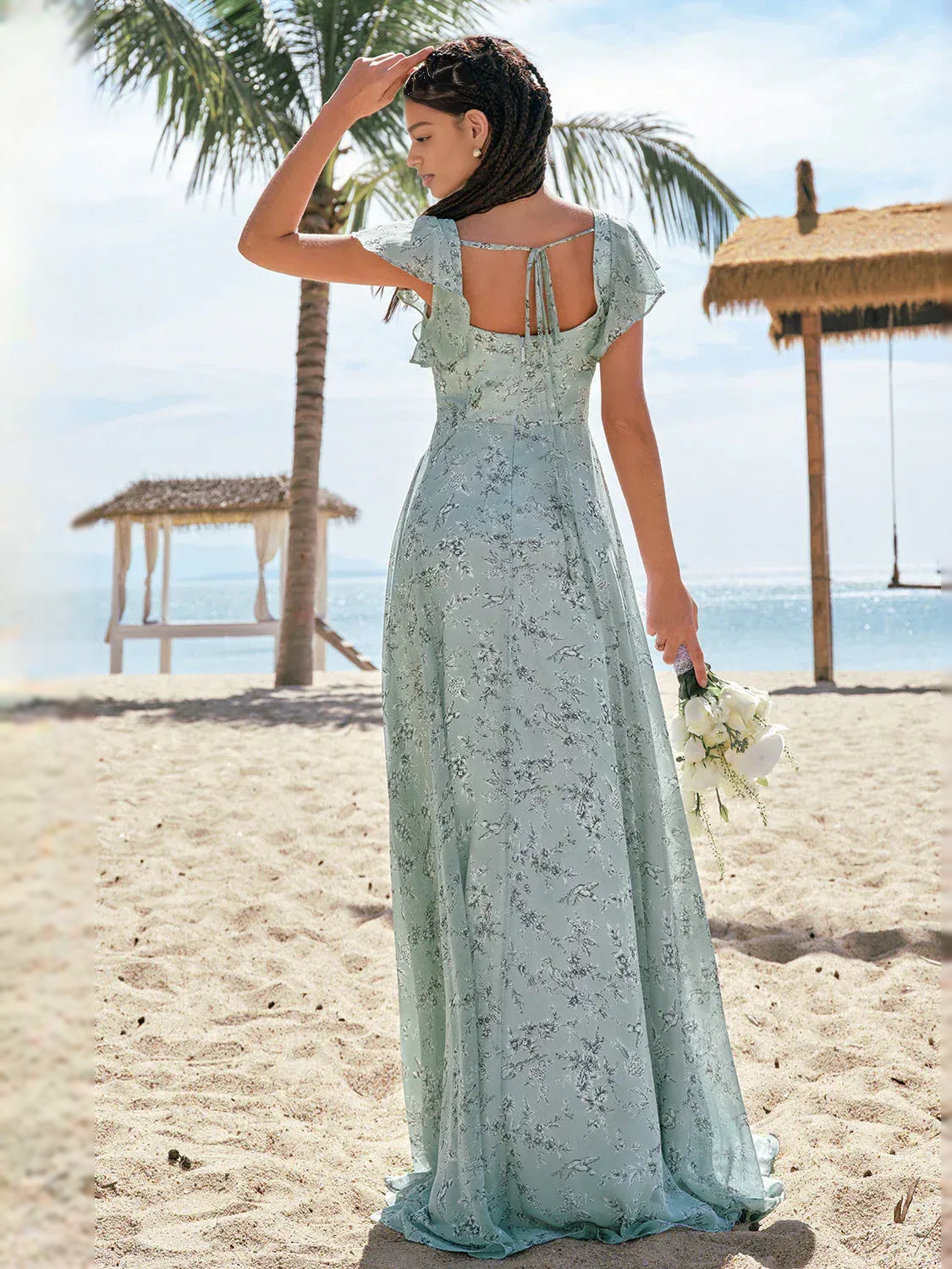 Mint green floral chiffon maxi dress from behind with open square back and front slit