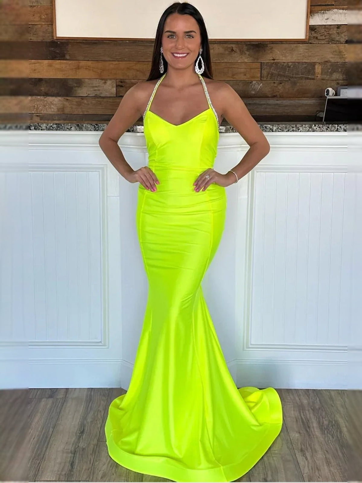 Lime green backless sweetheart mermaid satin prom dress with slim spaghetti straps