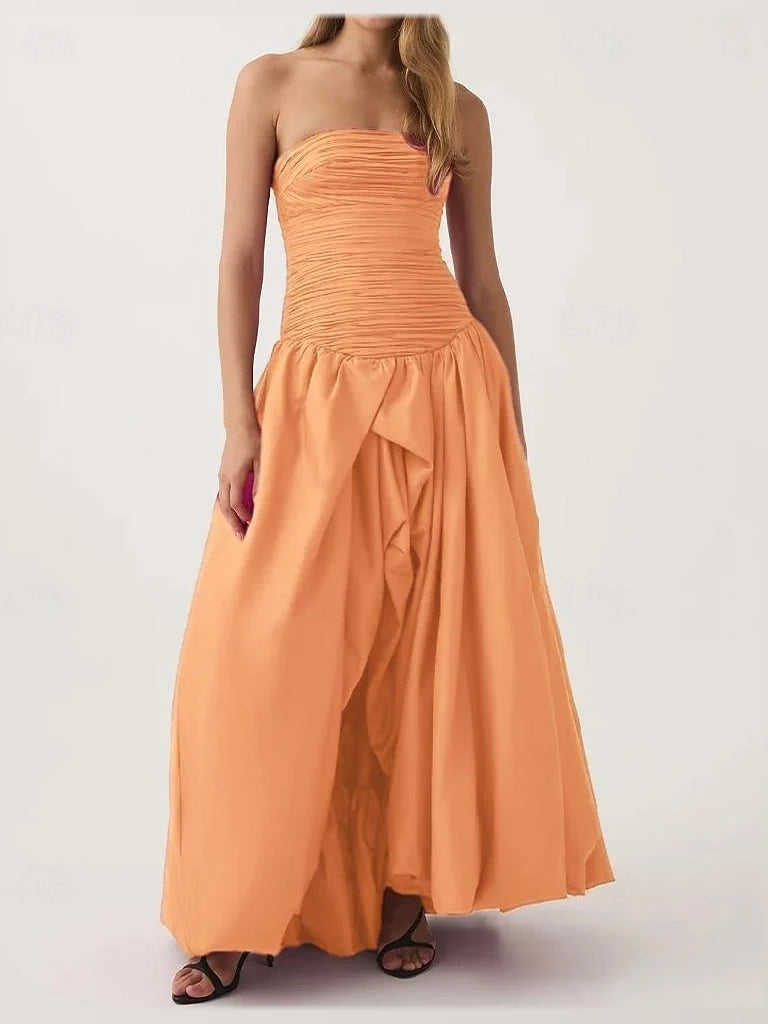 Orange strapless maxi dress with ruched bodice and gathered A-line tiered skirt
