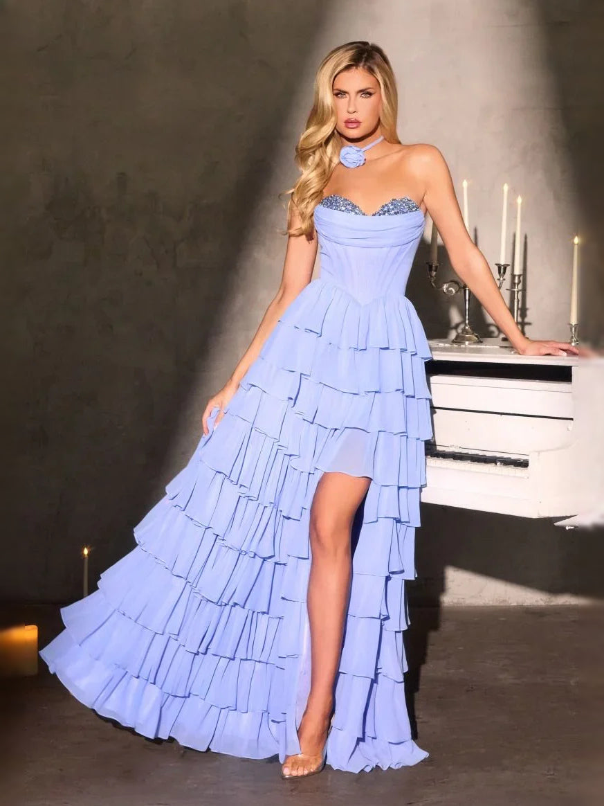 Light blue strapless sweetheart prom dress with layered ruffle tiers and high-low hem