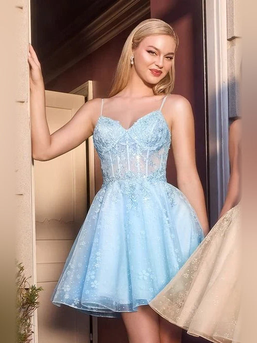 Light blue sweetheart corset mini tulle dress with lace bodice and A-line skirt