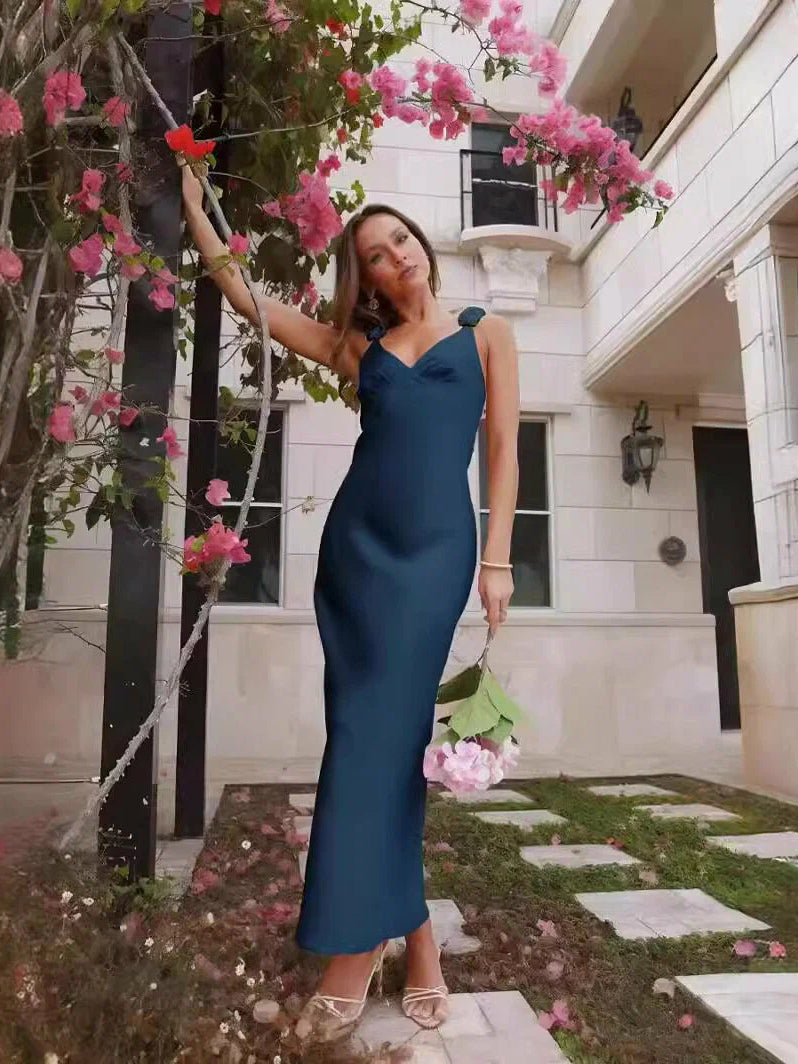 Blue satin backless V-neck mini dress with bow shoulder straps
