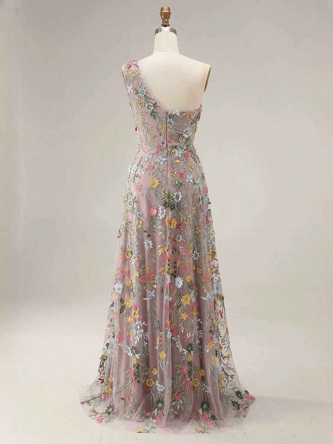 Mauve floral embroidered one-shoulder tulle prom dress, side slit, open back