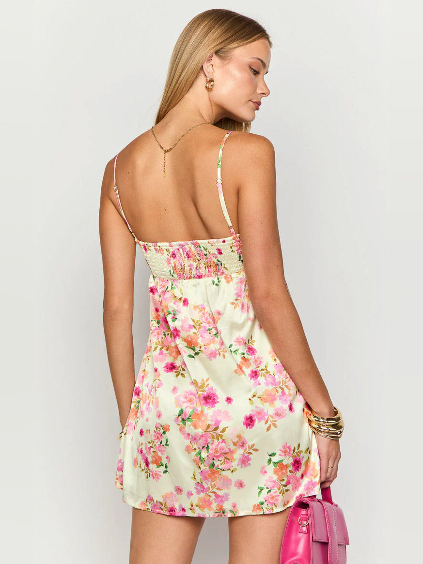 Cream floral mini satin dress with thin straps and fitted back