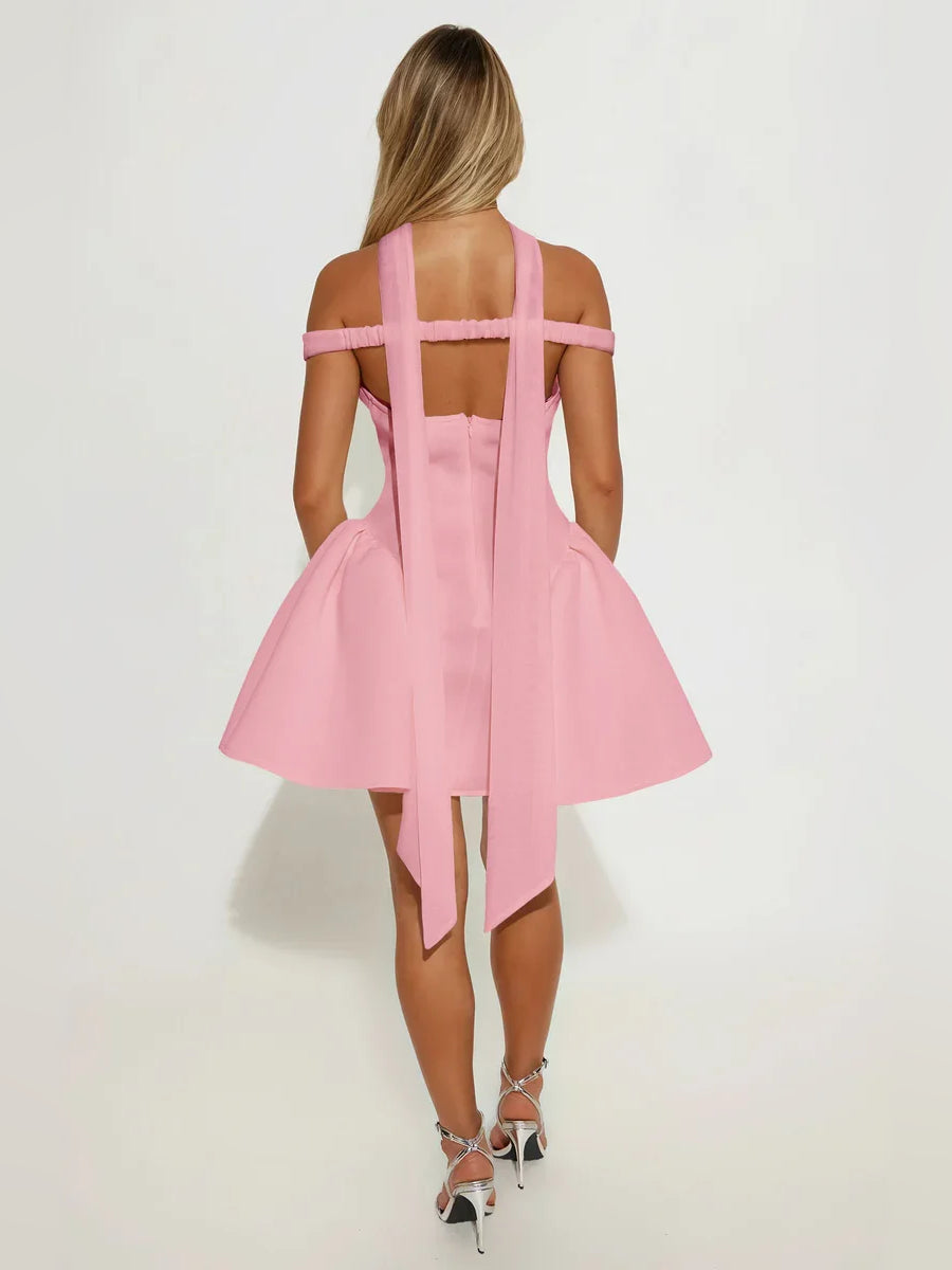Pink off-shoulder backless A-line mini dress with vertical sheer panel and straps