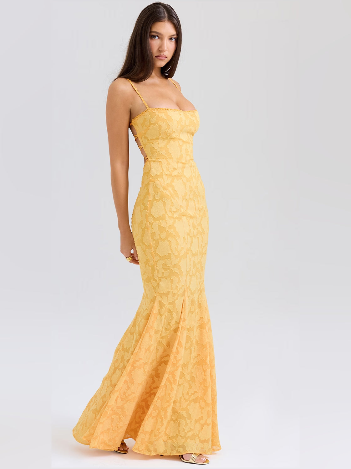 Apricot mermaid maxi formal dress with floral print, alternate full-length view showing the skirt