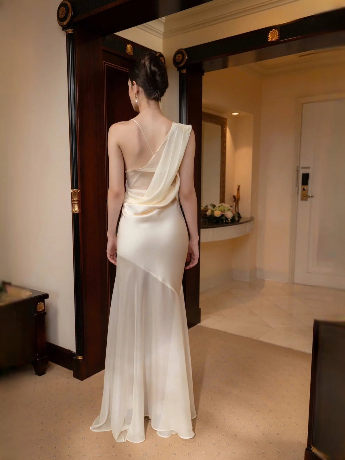 Champagne satin one-shoulder maxi dress with draped back and flowing train