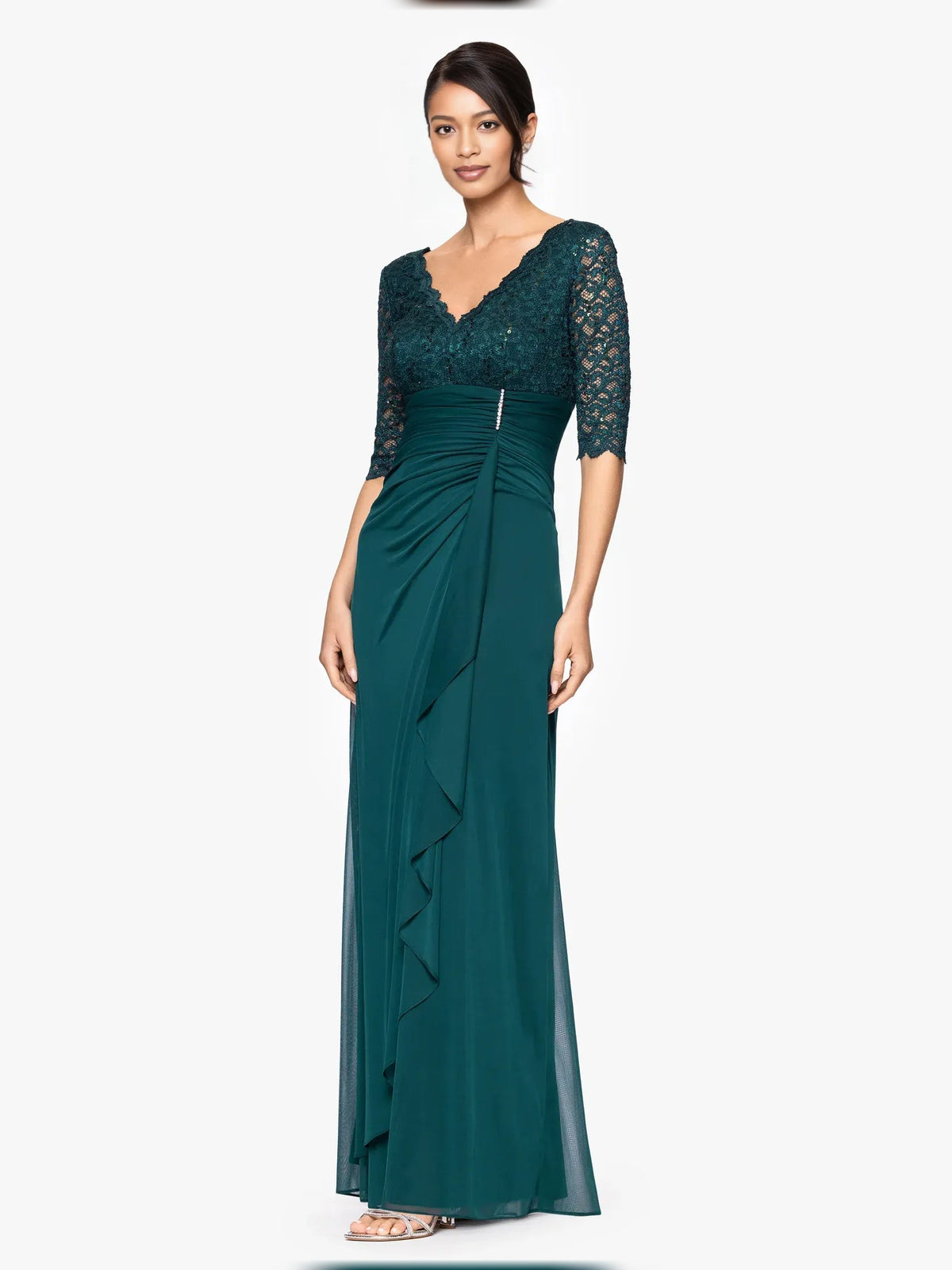 Peacock green V-neck jersey A-line gown with ruched waist and lace elbow sleeves