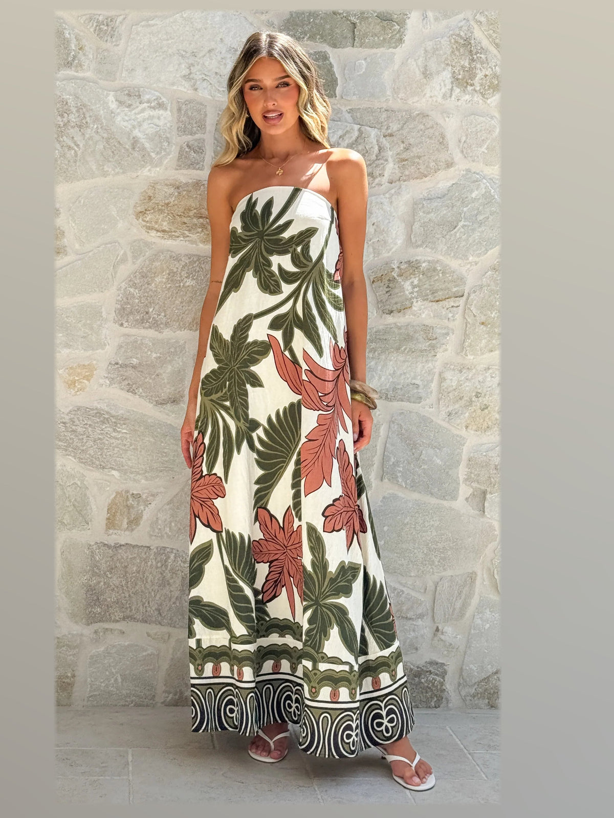 Beige maxi formal dress, alternate full-length view showing the hem