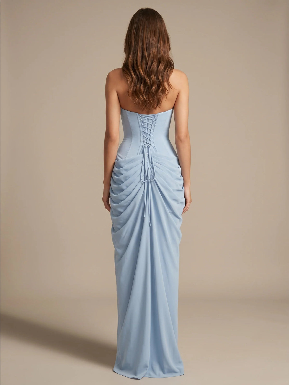 Sky blue strapless mermaid maxi chiffon dress with ruched drape and drawstring detail