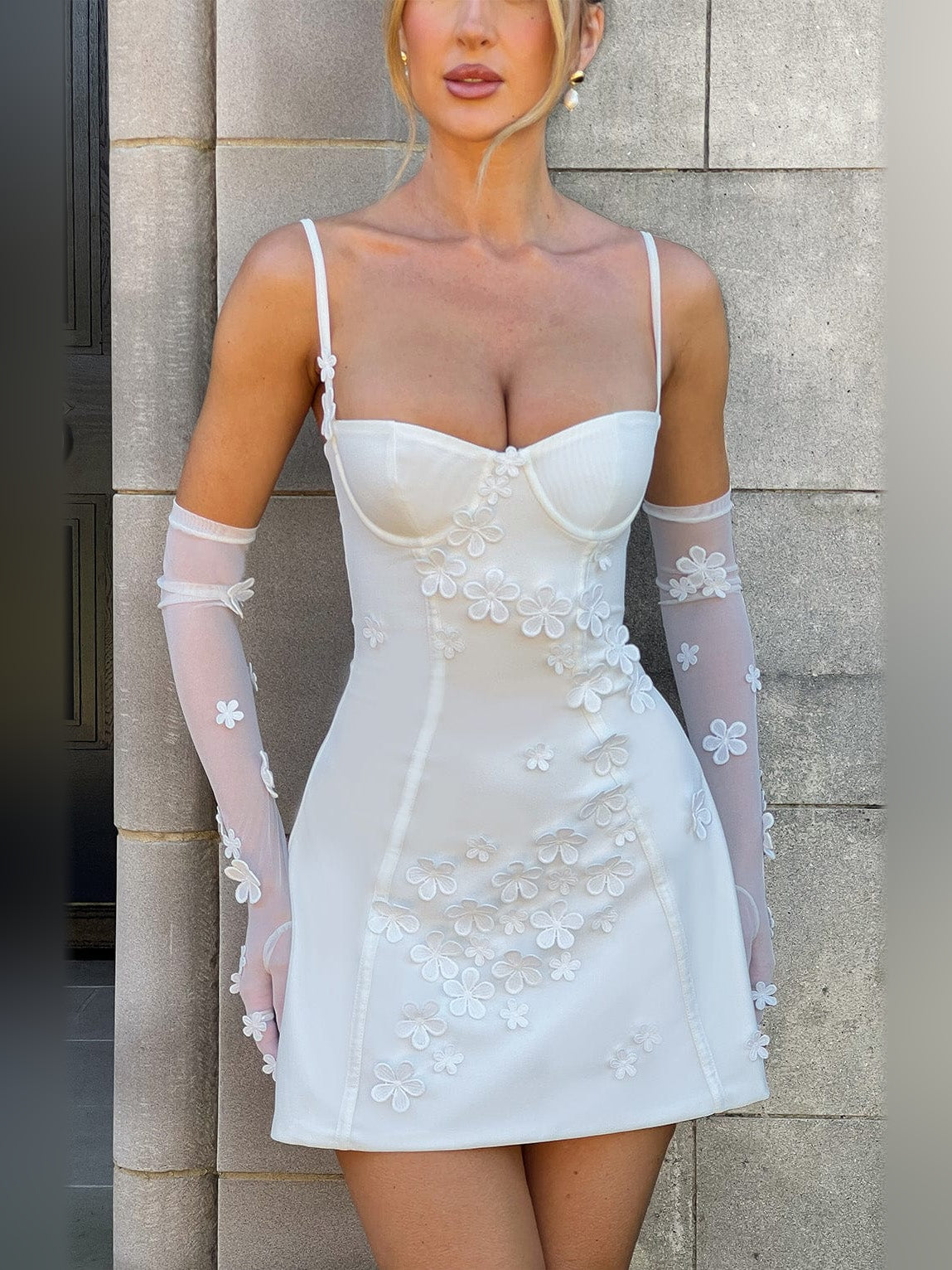 Ivory mini dress with floral lace bodice and skirt, sheer floral long gloves