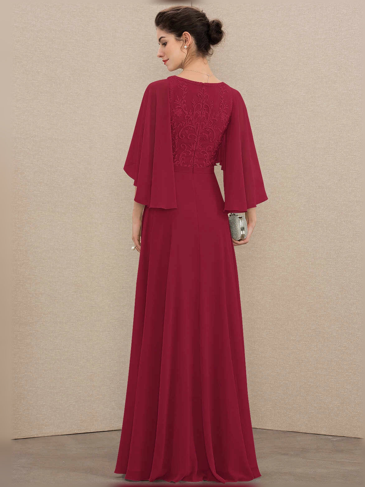 Embroidered V-neck A-line chiffon mother-of-the-bride dress in crimson red, back view