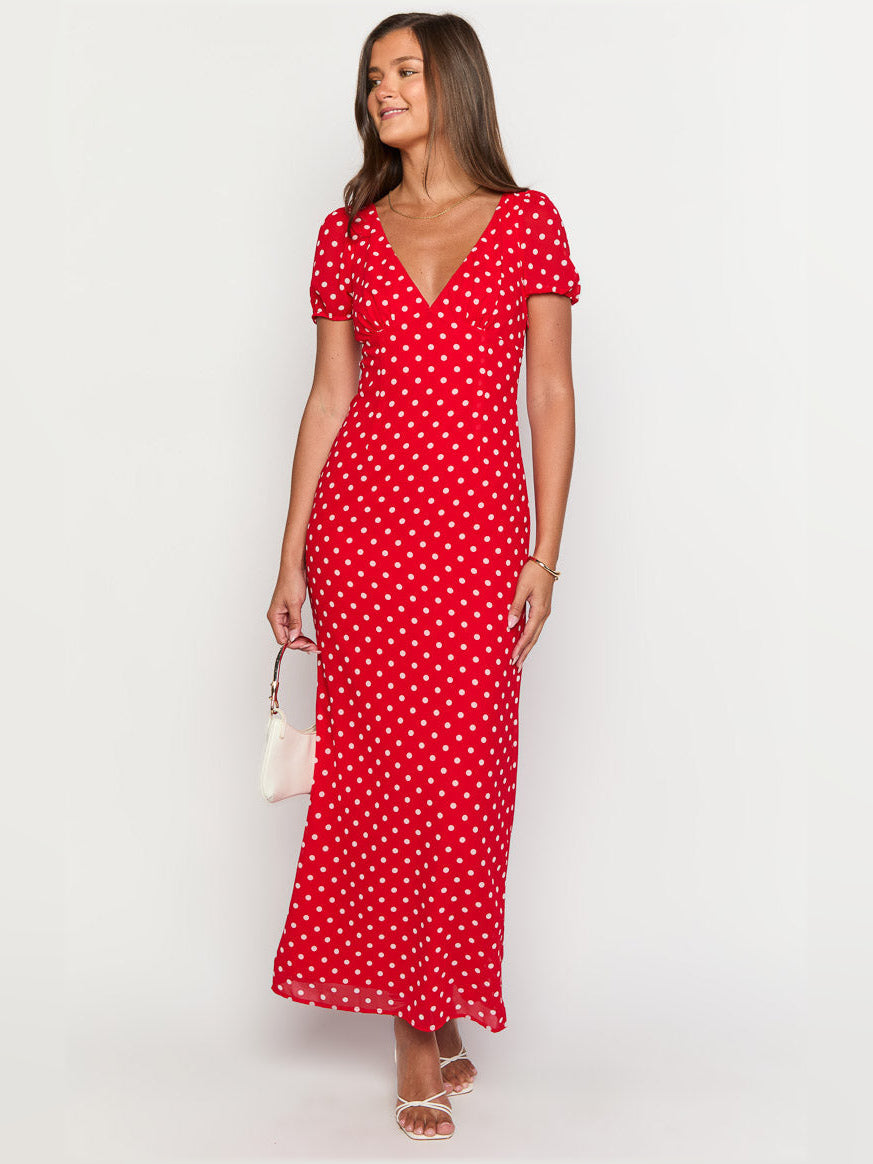 Red Polka Dot sheath maxi formal dress with printed pattern, alternate view showing the skirt