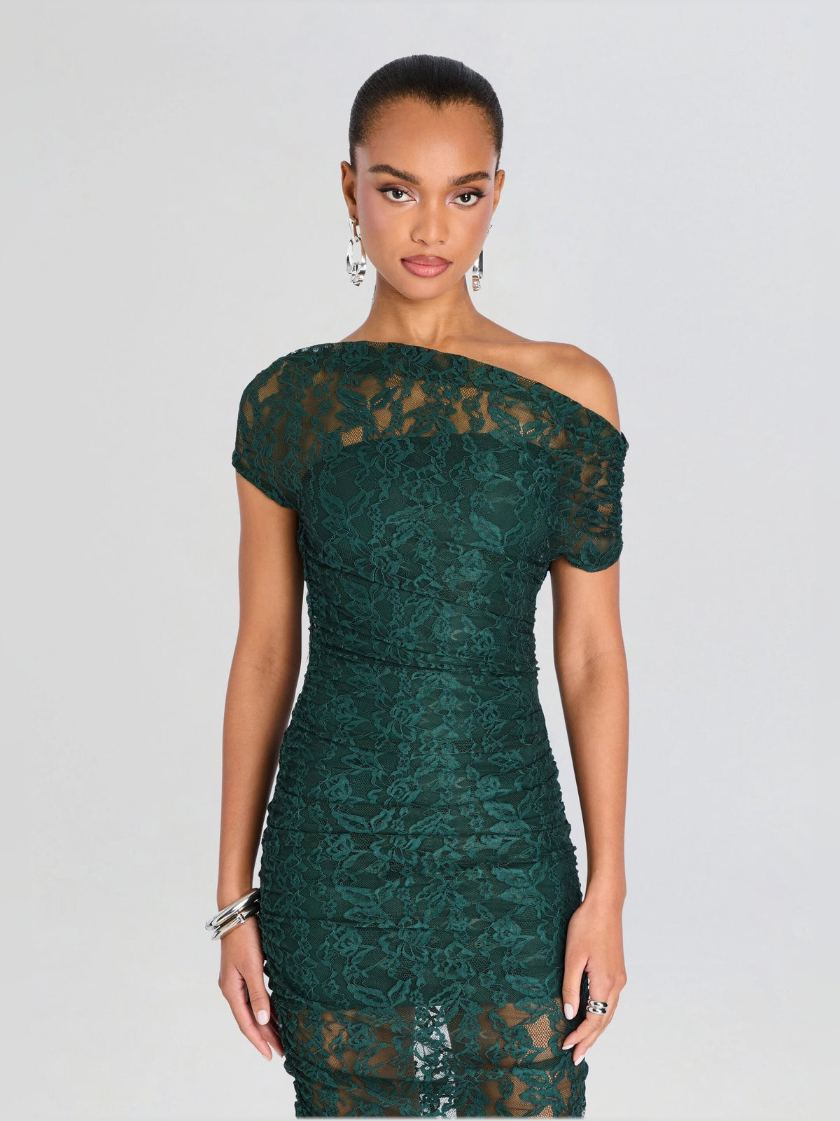Teal lace midi sheath dress with off-shoulder neckline and floral lace texture