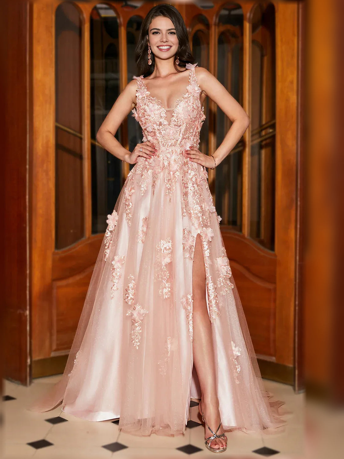 Light pink floral V-neck floor-length formal dress with sleeveless lace details and slit