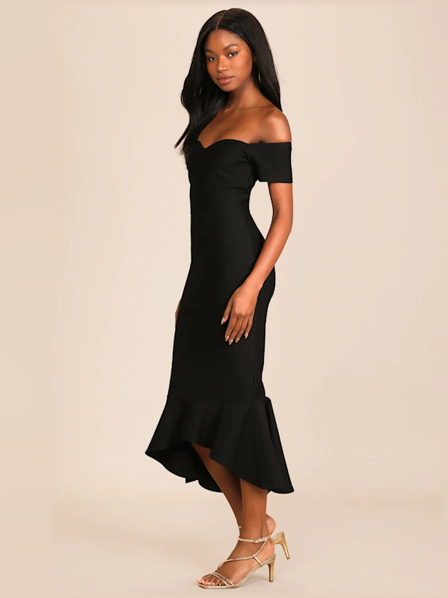 Off-shoulder midi formal dress in black, off-shoulder neckline and fluted hem