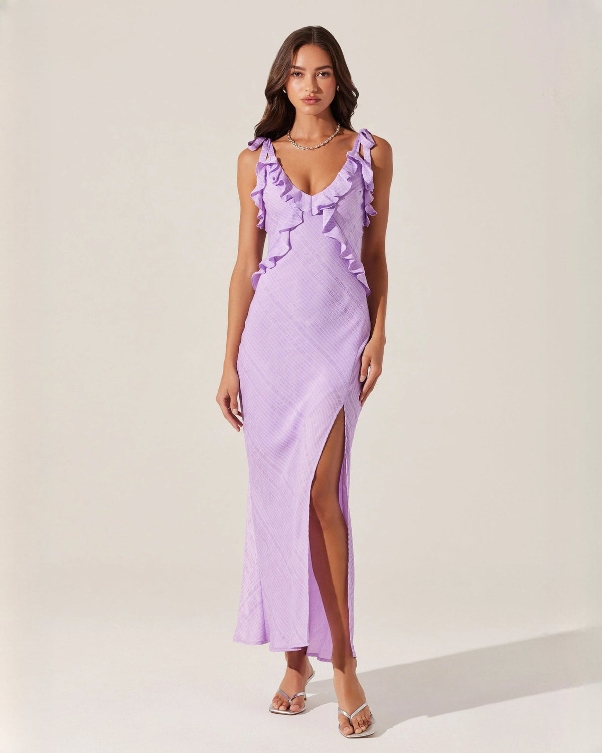 Lilac satin A-line maxi dress with sleeveless ruffle details and front slit