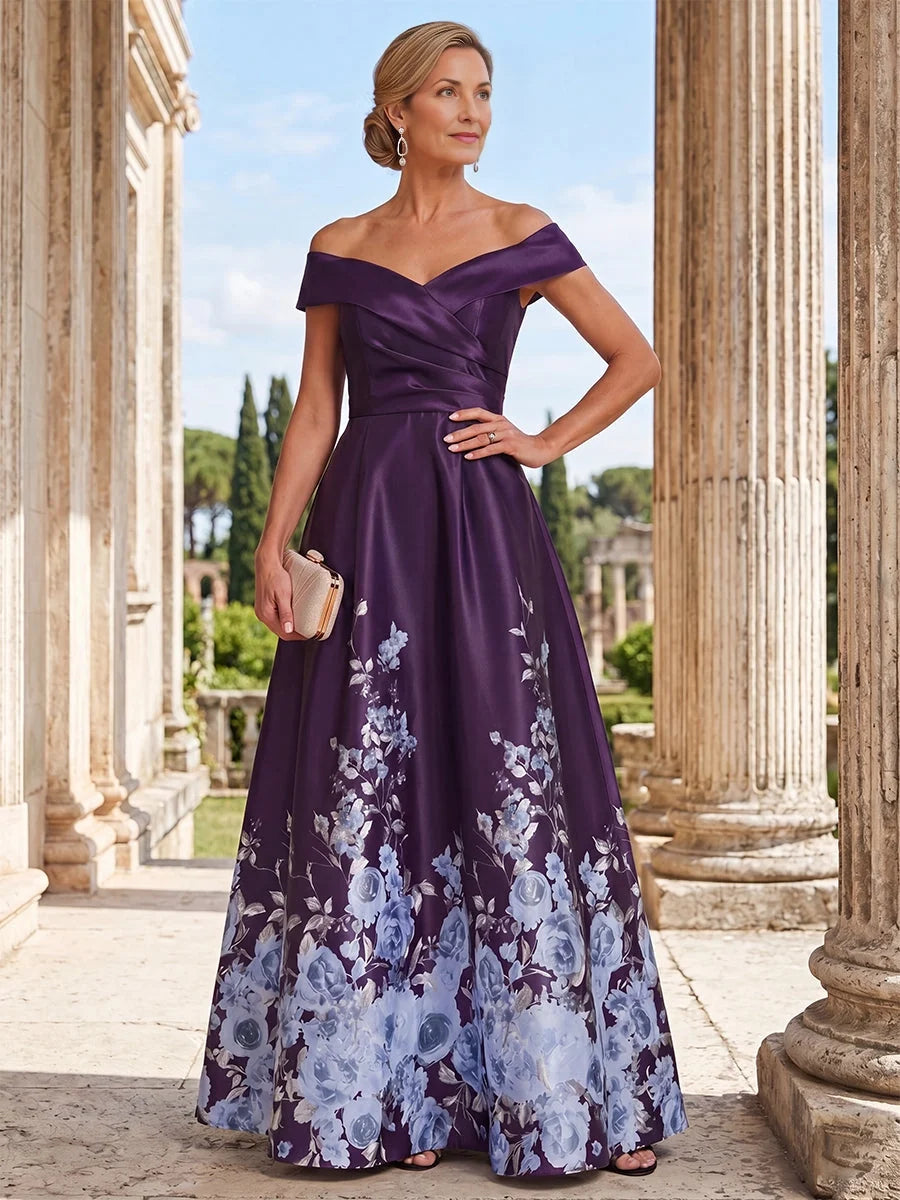 Off-shoulder satin A-line floor-length gown in deep maroon with white floral print skirt, front view