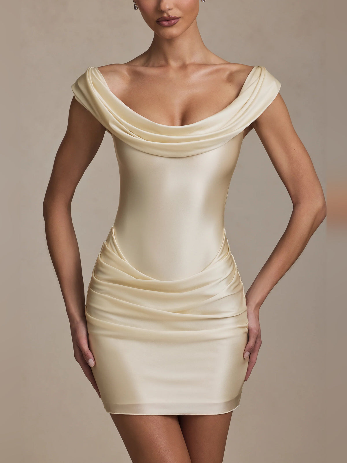 Ivory draped off-shoulder mini homecoming dress with ruched waist and bodice