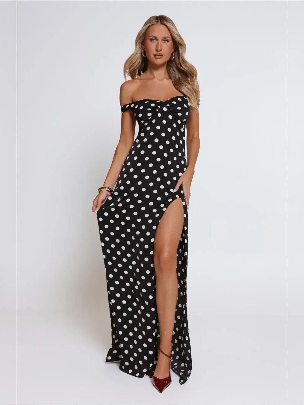 Black a-line maxi formal dress with printed pattern, alternate view showing the skirt