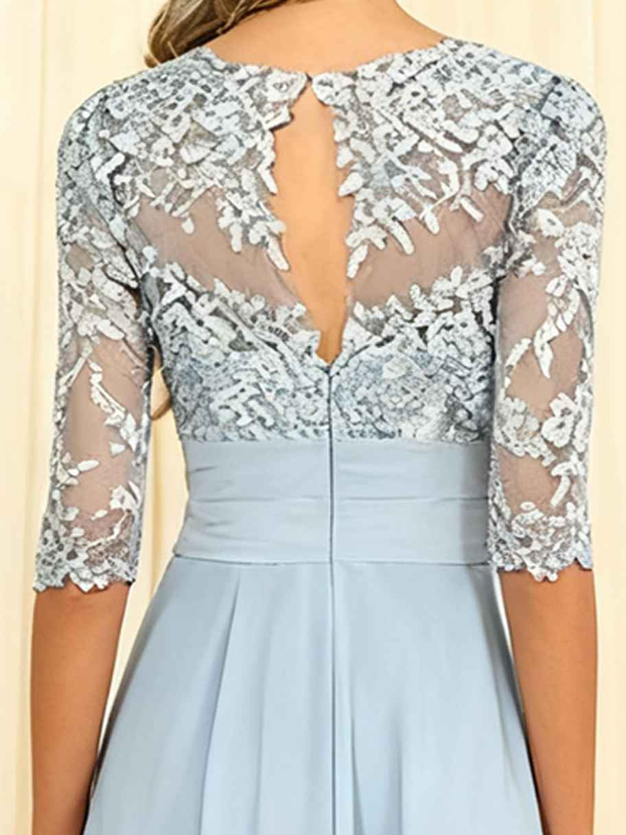 Dusty blue lace back detail on pleated chiffon A-line dress