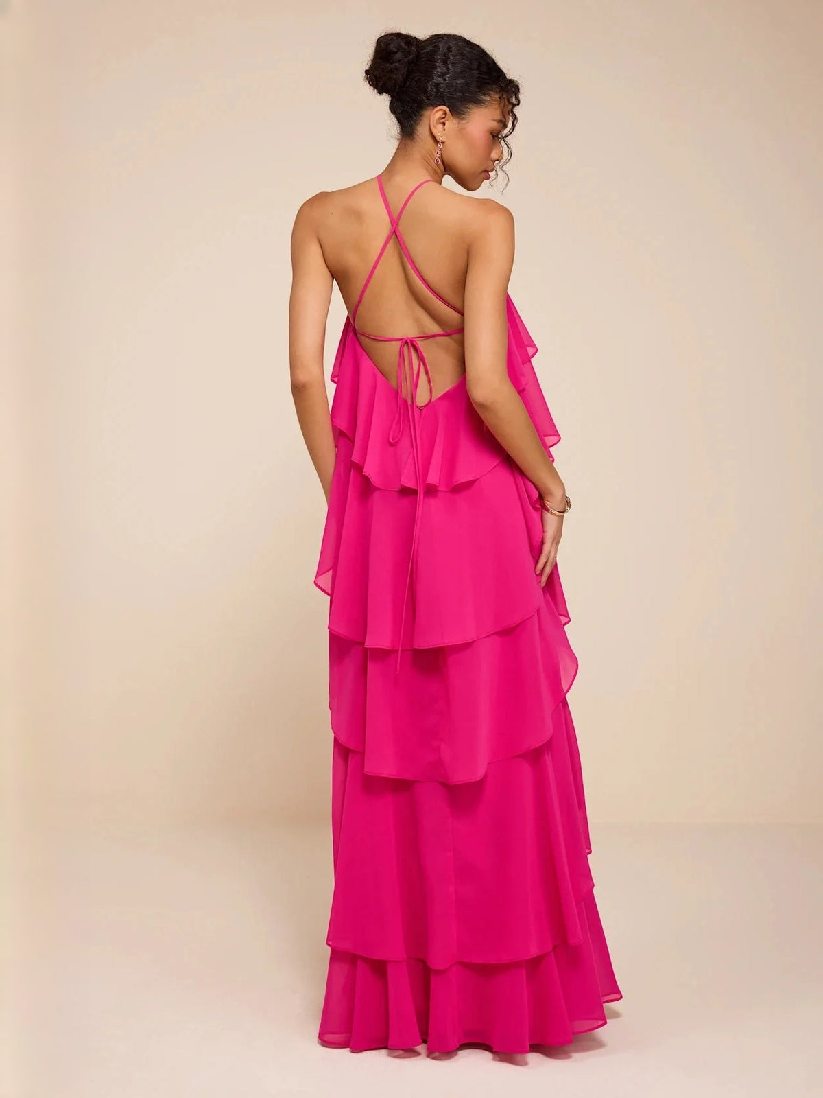 Light pink tiered ruffle A-line maxi chiffon dress with crisscross open-back straps