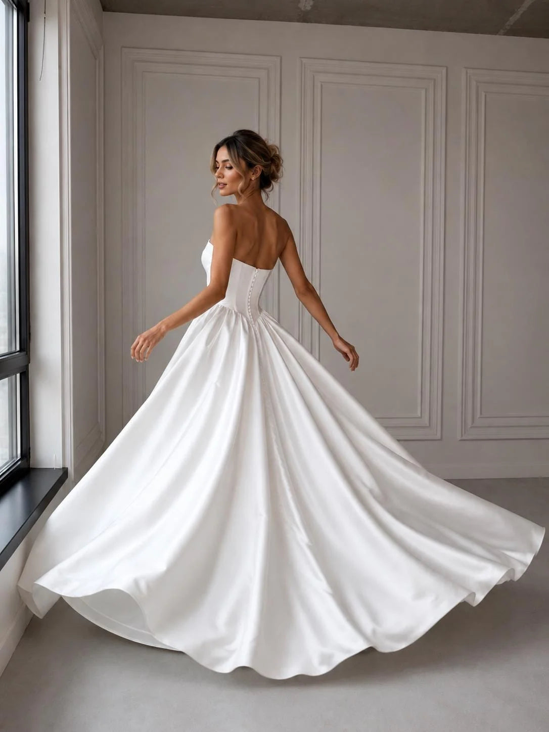 Ivory satin strapless sweetheart corset ball-gown with pleated skirt, wide floor-length hem