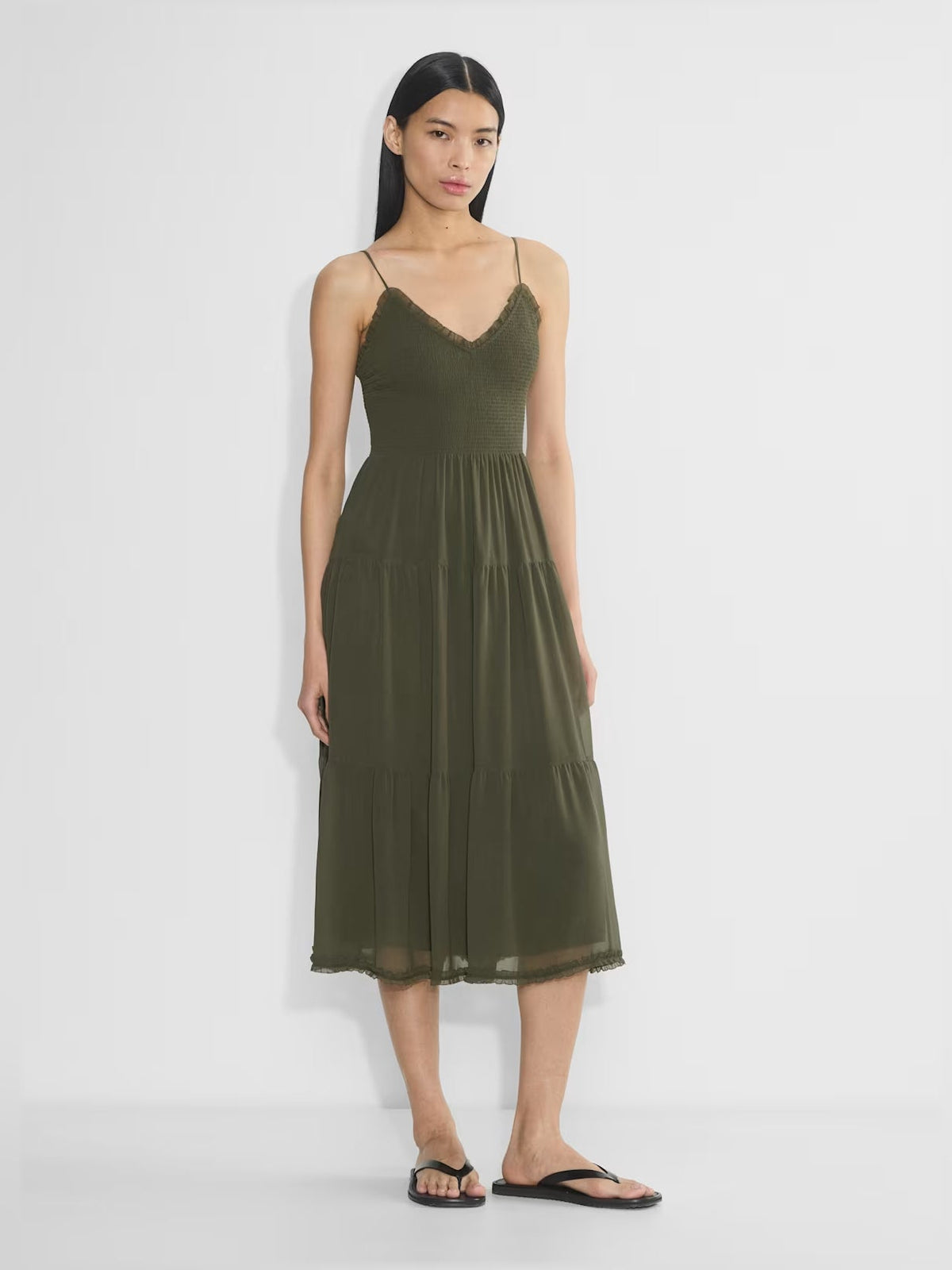 Olive V-neck tiered midi chiffon dress with smocked bodice