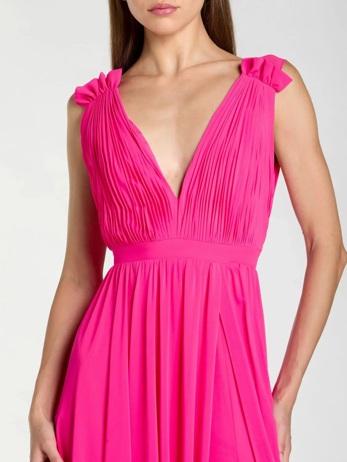 Hot pink V-neck ruched bodice formal dress with gathered shoulder ruffles