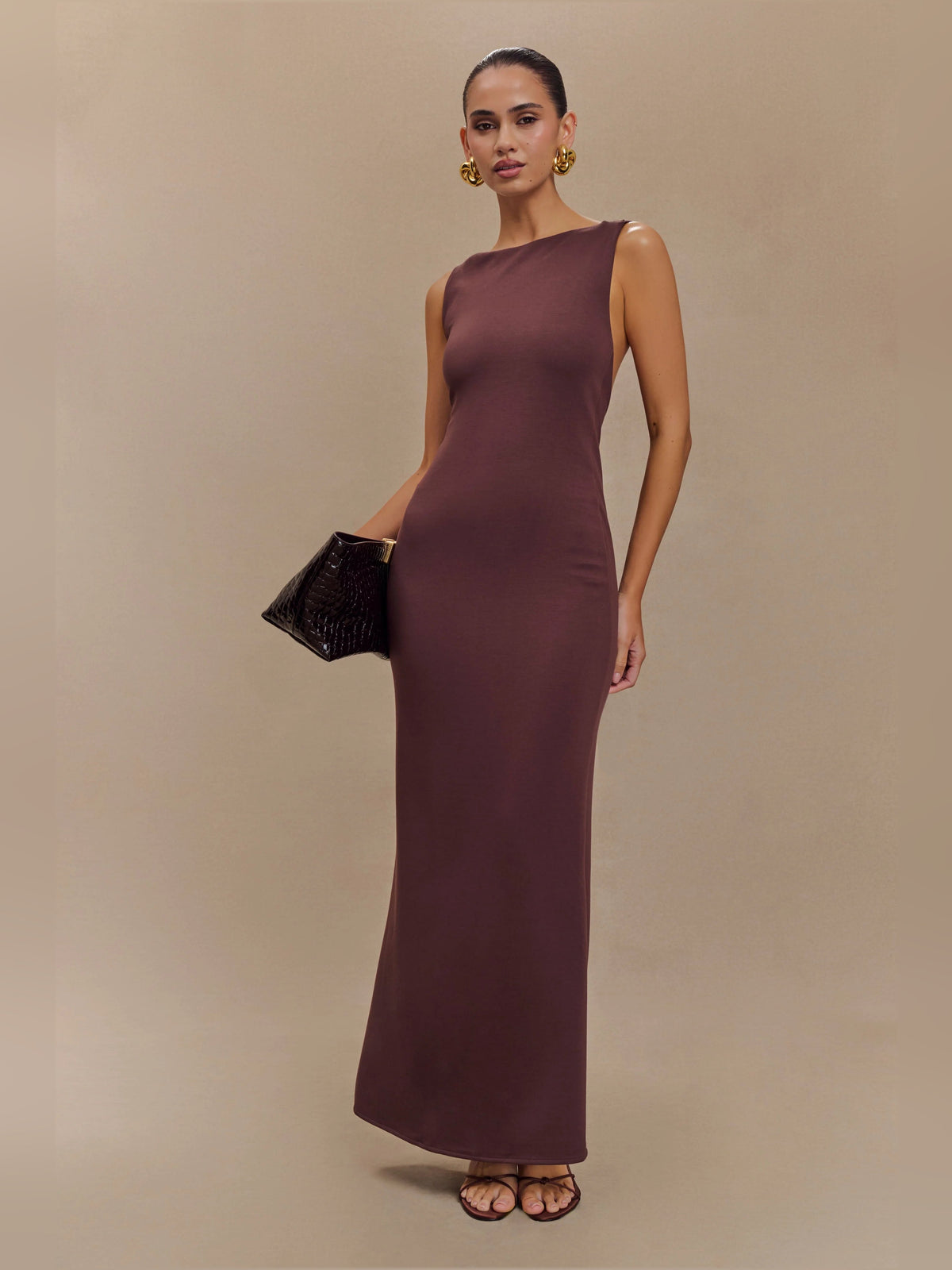 Brown sleeveless midi dress, fitted column design with straight hem