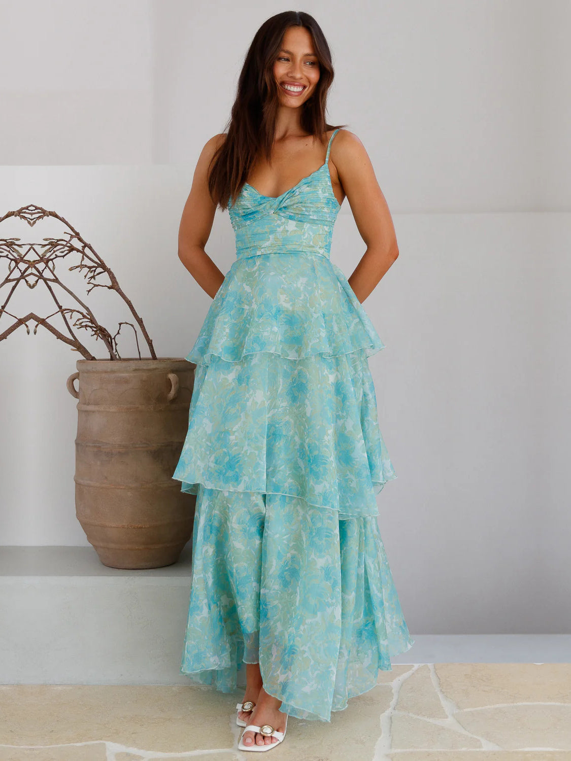 Mint a-line maxi formal dress with floral print, alternate view showing the skirt