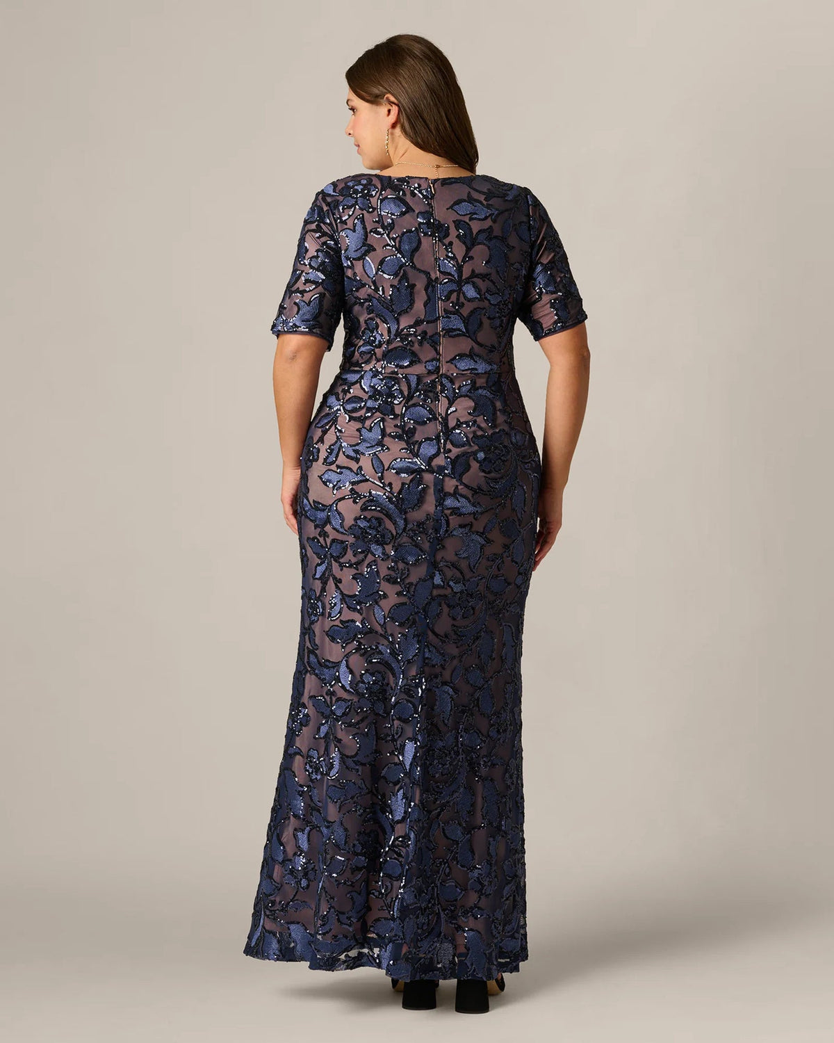 Navy floral sequin A-line maxi dress from back with short sleeves