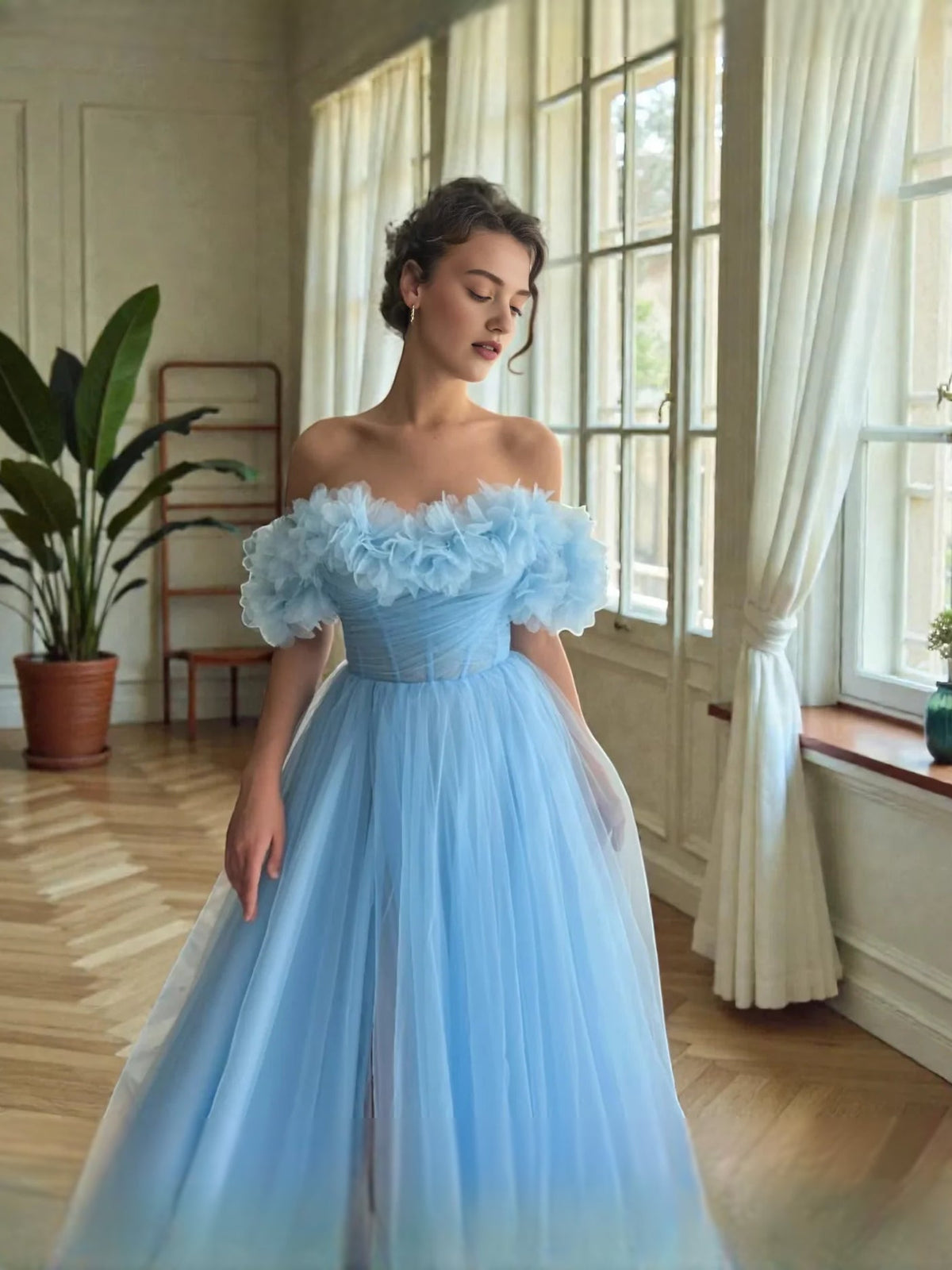 Sky-blue off-shoulder ball gown with ruffled sleeves and flowing tulle skirt