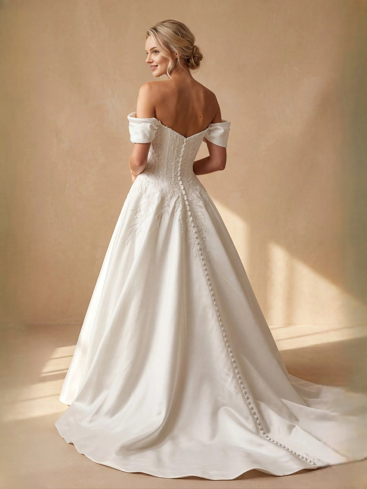 Ivory off-shoulder corset satin wedding dress, long A-line skirt with side drape