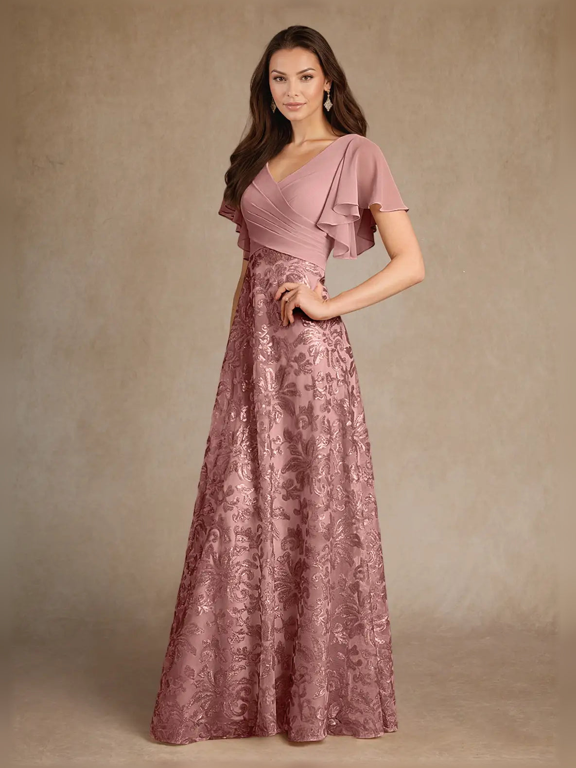 Dusty rose V-neck A-line maxi chiffon dress with ruffled flutter sleeves and floral overlay
